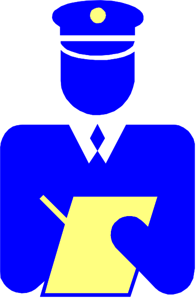 The image shows a stylized blue police officer holding an open book with text on it while standing next to what appears to be a clipboard in front of them; there is no background detail provided within this cropped section, so I cannot describe any setting or additional objects beyond these two main elements.