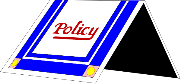 The image shows a blue sign with white text that reads "POLICY" on it against a black background.