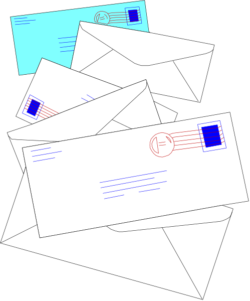 The image shows a collection of envelopes with various stamps on them scattered across what appears to be an envelope-shaped surface in black and white tones.