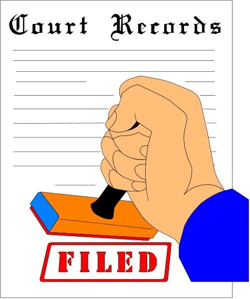 The image shows a hand holding an orange stapler over a piece of paper with text that reads "COURT RECORDS" at top left corner. Below this title is another line of smaller print reading "FILED." To the right, there's a red stamp on the word "FILED," and below it are two lines: one says "FILED BY:" followed by an illegible signature or initials in blue ink; beneath that, to the left side, reads "APPROVED" with another line of smaller print stating "NOTARY PUBLIC