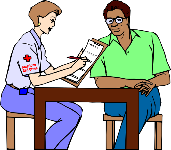 The illustration depicts a scene where an American Red Cross worker sits at a table with two men who appear to be patients; one man is holding papers while another looks on attentively as if discussing something important, possibly related to their health care needs.