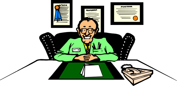 The image shows a cartoon of an office scene with two characters: on the left is a man sitting at his desk looking downward; he has glasses perched upon his head, appears to be in deep thought and possibly writing something. On the right side stands another character who seems surprised or shocked by what's happening around him—he holds up one hand as if gesturing for attention while holding papers with both hands. The background features a bulletin board filled with various items such as notes pinned on it, suggesting an active workspace environment.
