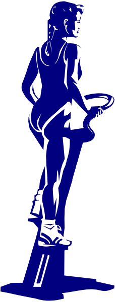 The image shows a black and white photo of an athlete on ice skates with their arms outstretched for balance in front of a blue silhouette figure standing upright against a dark background.
