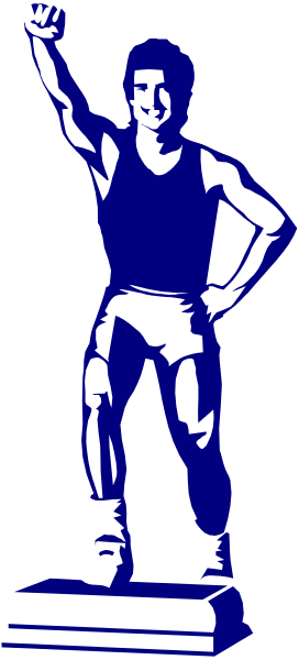 The image shows a black and white silhouette of an athlete on top of a pedestal with his arm raised in victory pose against a dark background.