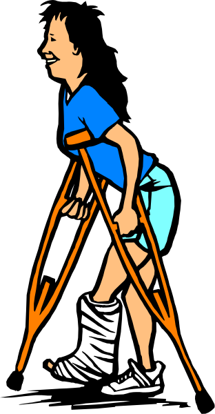 The illustration shows a person using crutches walking down an alleyway with their hands on hips while looking to the side.
