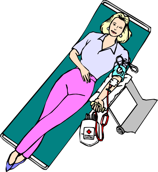 The illustration depicts a woman lying on her back inside an open medical examination table with wheels at each end. She is wearing pink pants and has blonde hair styled in bangs over her forehead. Her eyes, nose, mouth, ears, hands, feet, torso, legs, arms are visible but not detailed enough to discern any specific features or expressions. The woman appears relaxed as she lies on the table with a medical device attached near one of her ankles and what seems like blood pressure cuffs around both wrists. There is no text present in this image.