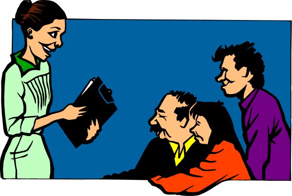 The illustration depicts a scene with three individuals: two men seated on chairs facing each other while holding books; an attendant standing between them, handing one of the men something that appears to be paperwork and smiling at him as if presenting it; all set against a blue background.