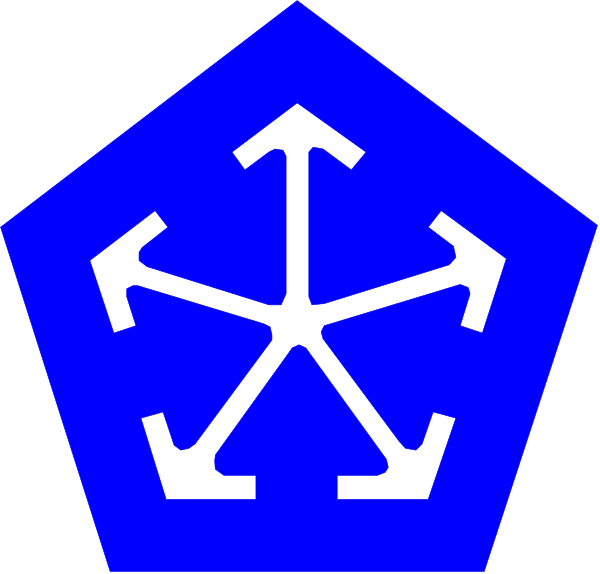 The image shows a blue directional sign with an arrow pointing to four different directions: upwards (north), downward (south), leftward (west) and rightward (east).