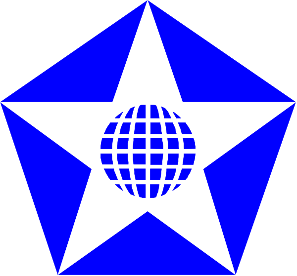 The logo of a company with an emblem that resembles a globe inside a star on top of it.