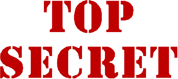 The text "TOP SECRETS" on a red background with white lettering is displayed above an illustration of three padlocked briefcases in descending order from left to right against a gray backdrop.