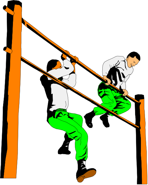 The black and white illustration shows two men on a wrestling mat with ropes; both appear to be engaged in some form of grappling activity while one man is standing up holding onto the rope for support, possibly during practice or training session.