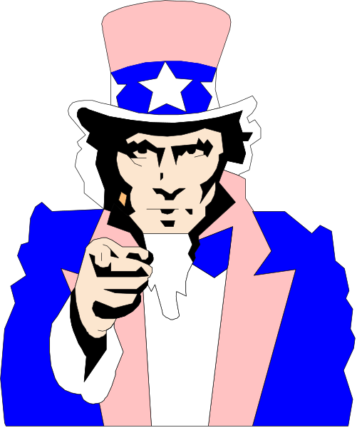 The image shows a cartoon of Uncle Sam pointing his finger with an authoritative gesture against a black background.