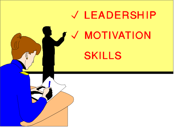 The image shows a cartoon of an adult woman sitting at her desk with papers on it; she is wearing headphones around her neck. Above her, there's text that reads "LEADERSHIP MOTIVATION SKILLS."