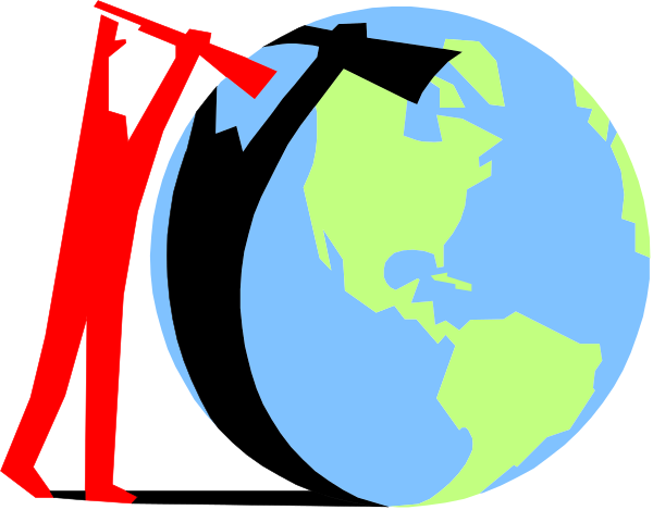 The image shows a cartoon of an animated character holding up two hands with fingers pointing towards each other over a globe that represents Earth.