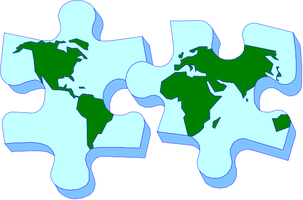 The image shows a jigsaw puzzle with pieces that fit together to form an outline of Earth at its center surrounded by continents; each piece has different countries on it in various shades of blue against black background, suggesting global connectivity and diversity.