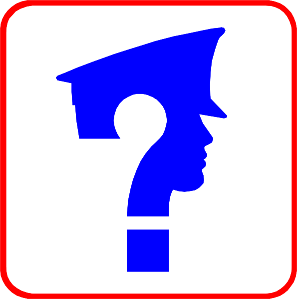 The image shows a blue question mark icon with an officer's hat on top of it against a red background to its right side; there is no text present in this clip-art graphic.