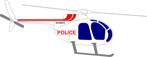 The image shows a police helicopter with its doors open on an overcast day against a gray sky background.
