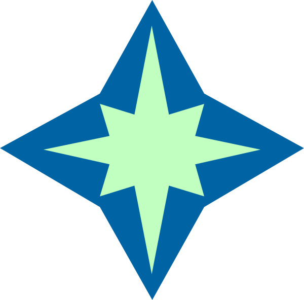 The image shows a stylized compass rose with four cardinal points marked by white stars on a black background.