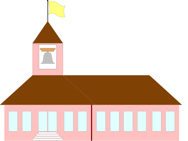 The image shows a stylized depiction of an old school building with a bell tower on top during what appears to be nighttime; there is no text present in this clip-art illustration.
