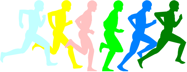 The image shows a line of colorful silhouettes running on an unseen surface with no background details provided.
