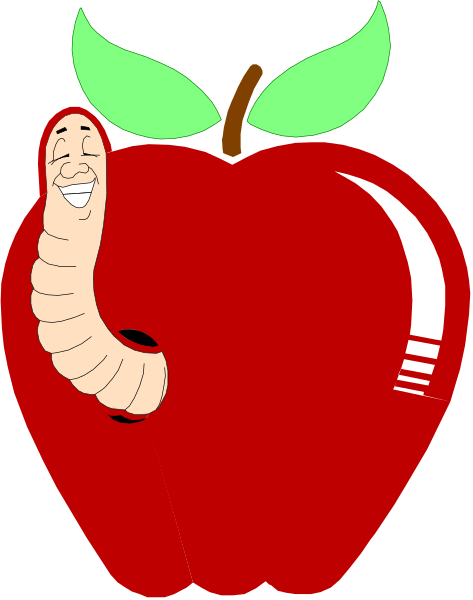 The image shows a cartoon apple with an illustration of a worm inside it on its right side.