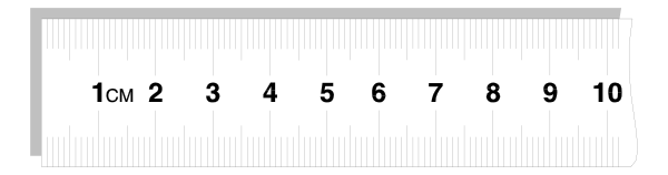 The image shows a ruler with measurements on it placed against an object that appears to be a piece of paper or fabric measuring 10 cm by 7cm in size. There is no text present within this small clip-art image, and there's only one number visible: "9". This suggests the measurement for length along the ruler at some point between numbers nine and ten on its scale. The object being measured has a pattern or texture that could be fabric with stripes of different colors running horizontally across it.