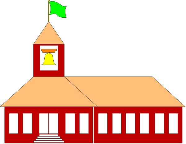 The image shows a cartoon depiction of an old school building with red walls under a black sky at nighttime; there is no visible text in this small clip-art illustration.