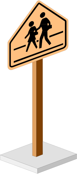 The image shows a sign on top of a pole with two figures walking next to each other under it against a dark background.