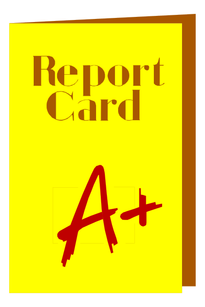 The image shows a report card with an "A" grade on it next to the word 'Report Card'.