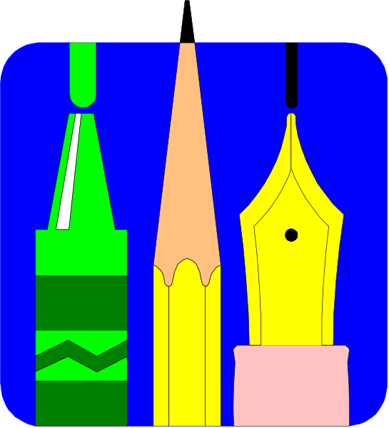 The image shows a collection of office supplies including pencils, pens, scissors, glue sticks, markers, crayons, bottles that resemble paintbrushes with different bristle lengths and shapes, an eraser shaped like a bottle cap, and what appears to be a small cake or cupcake.