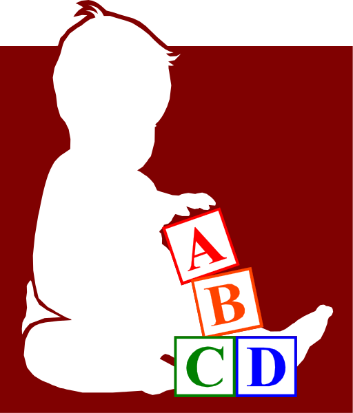 The image shows a baby holding an alphabet block with letters A through D visible on it against a red background.