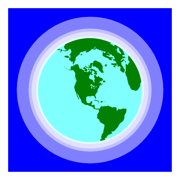 The image shows a stylized representation of Earth with continents visible at its center inside an oval frame that has concentric circles around it to represent rings in space; there is no text present on this clip-art graphic, which focuses solely on depicting our planet within the cosmos.