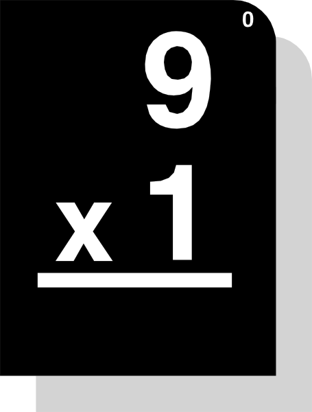 The image shows a black and white graphic of an electronic device with "9" on it next to two vertical lines representing multiplication by 10 (x10). There is also text that reads "+9." This appears to be a stylized representation, possibly for educational purposes or as part of a design. The image does not depict any real-world objects or actions; instead, the focus seems to be on mathematical concepts and symbols related to multiplication by 10 in base nine (a nonstandard numbering system). There are no people, animals, colors other than