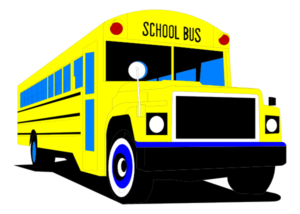 The image shows a yellow school bus with blue lettering on it parked next to another similar vehicle at nighttime under dark skies.
