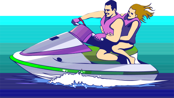 The image shows a man driving an electric jet ski with a woman sitting behind him on calm water under clear skies during daylight hours.