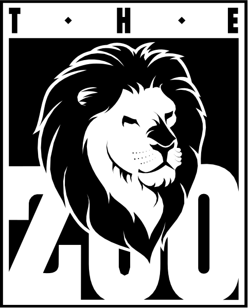 The logo of a zoo with its mascot lion's head prominently displayed atop it.
