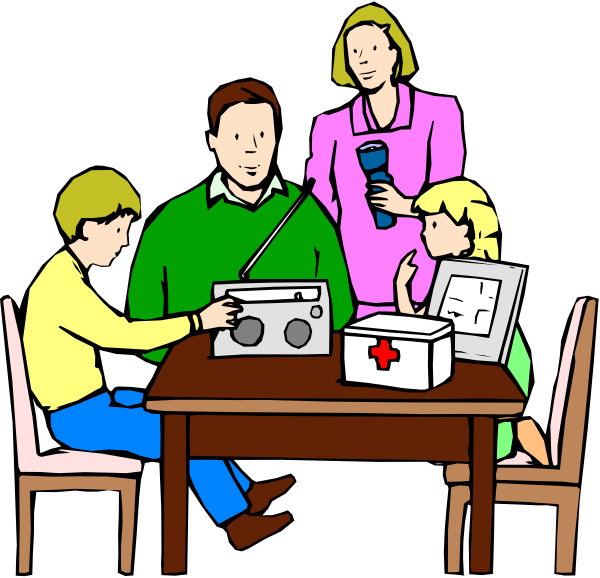 The illustration depicts a family of four gathered around an old radio on top of a table with various items such as books and toys scattered about them in what appears to be their living room during daytime hours, suggesting that it is either morning or afternoon given the natural light coming through windows not visible.