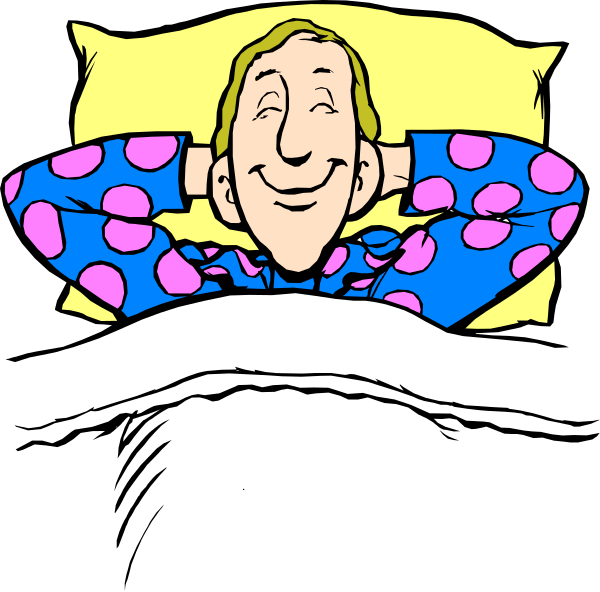 The cartoon shows a man lying down on his stomach with arms crossed over him under a blanket, wearing pajamas that have polka dots all over them; he is smiling contentedly at an unseen audience and appears to be in bed during nighttime or early morning hours.