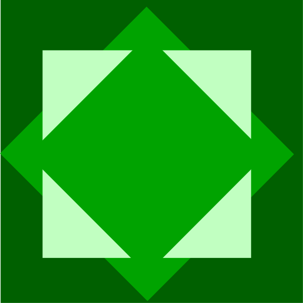 The image shows a green diamond shape with white lines forming an abstract design within it against a dark background on top of another similar but smaller square-shaped graphic that is also in shades of green and has four triangles pointing towards its center, creating a sense of depth or perspective.