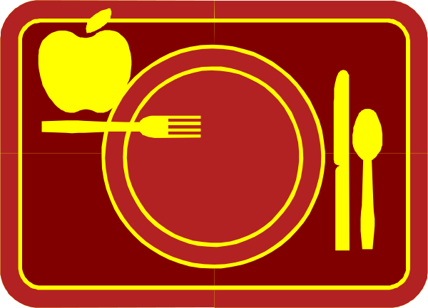 The image shows a red banner with white text at its top that reads "EAT," followed by clip-art of an apple on one side and dinnerware including plates, forks, knives, spoons, bowls, cups, wine glasses, fruits (apple), vegetables (carrot) and utensils like fork, knife & spoon. The banner is set against a white background with red borders at the top and bottom edges of it.