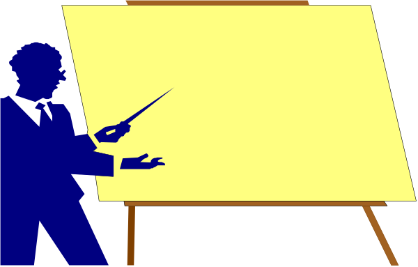 The image shows a man standing next to an easel with paper on it while another person is pointing at something off-screen; both individuals appear engaged in discussion about content displayed on the board behind them.