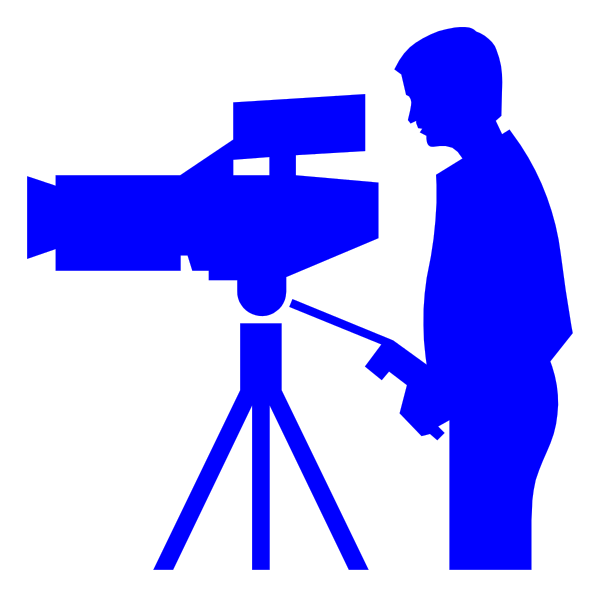 The image shows a person standing behind a camera tripod with an attached video recording device, set against a black background; there is no text present in this clip-art illustration.