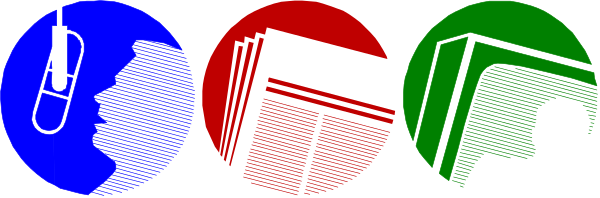 The image shows a collection of four colorful magnets on top of each other against a gray background; from left to right: there is an envelope with what appears to be a pen inside it, followed by three different colored squares that could represent various objects or concepts such as buildings and possibly gears.