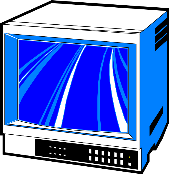 The image shows a computer monitor with blue lines on it placed next to an old CRT television set against a black background.