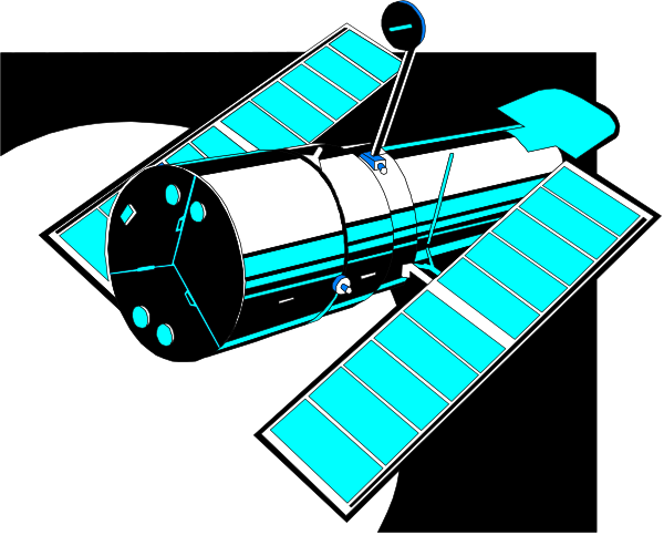 The black and white illustration shows a satellite with solar panels extended on either side of its cylindrical body, mounted atop an interconnected structure that resembles a space shuttle's launch platform, which is situated in front of what appears to be a blue-green planet or moon.
