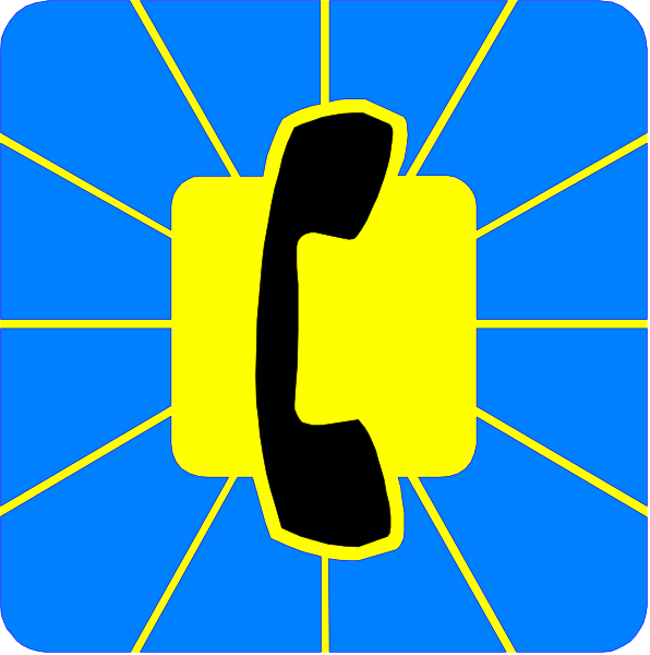 The image shows a stylized depiction of an old rotary dial telephone with its receiver off hook against a blue background that resembles a phone network signal pattern.