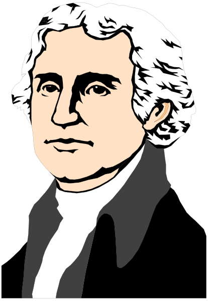 The black and white illustration features a portrait of George Washington with his signature haircut and attire from historical records.