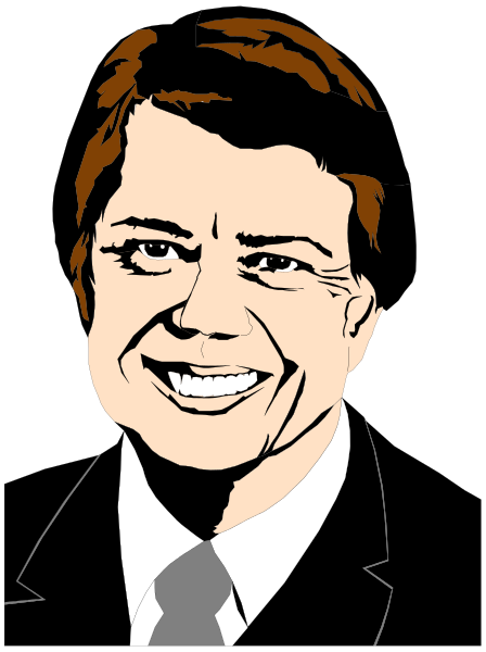 The image shows a caricature of an older man with gray hair wearing glasses, smiling broadly at something off-camera to his right side in front of him. He is dressed formally in a dark suit jacket and light shirt without tie.