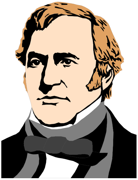 The image shows a black and white illustration of an older man with sideburns wearing formal attire; he is depicted in profile facing to his right against a dark background.
