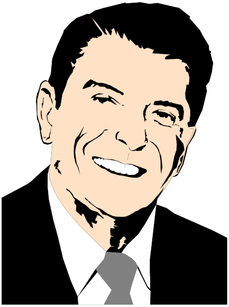 The image shows a black and white photo of Ronald Reagan with his mouth open as if he's speaking.
